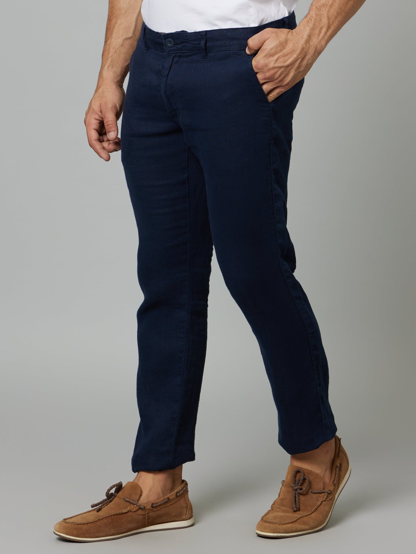 Celio Men Navy Blue Solid Slim Fit Linen Trousers