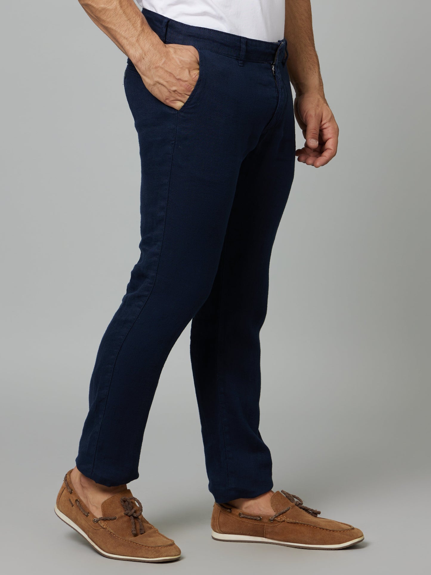 Celio Men Navy Blue Solid Slim Fit Linen Trousers
