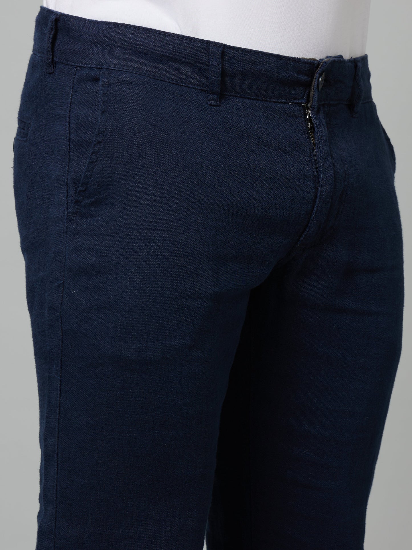 Celio Men Navy Blue Solid Slim Fit Linen Trousers