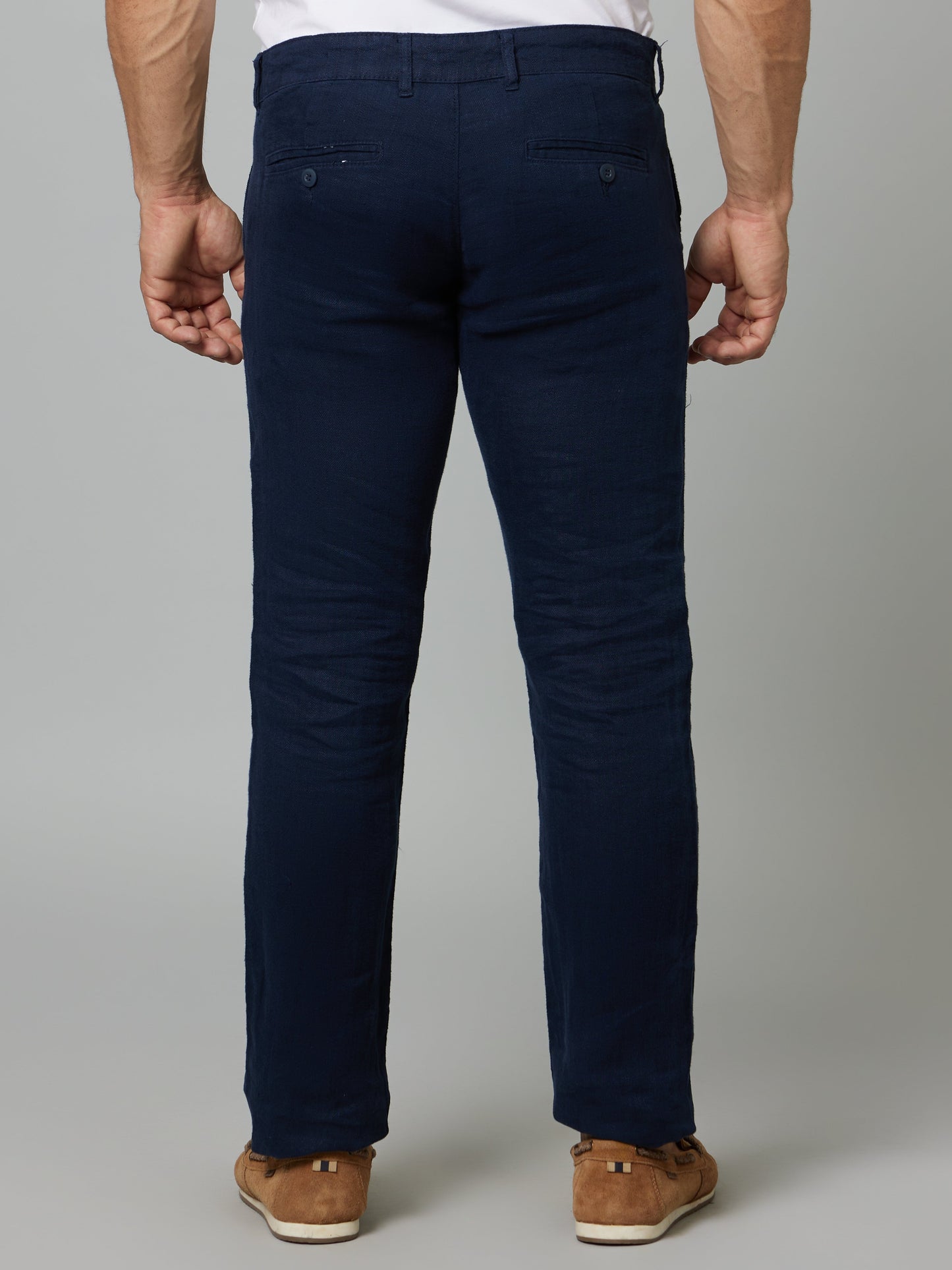 Celio Men Navy Blue Solid Slim Fit Linen Trousers