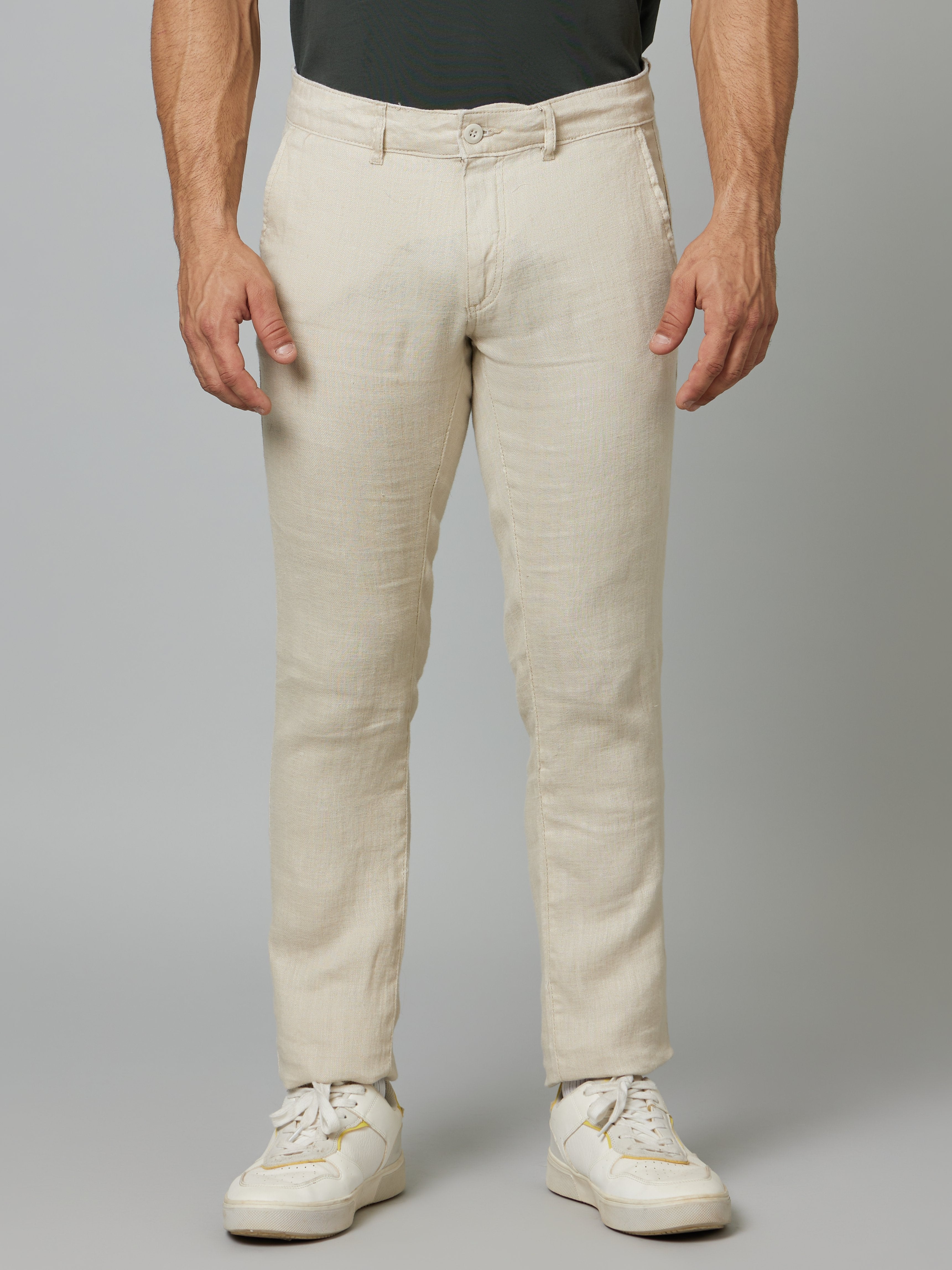 Celio Men Beige Solid Slim Fit Linen Trousers