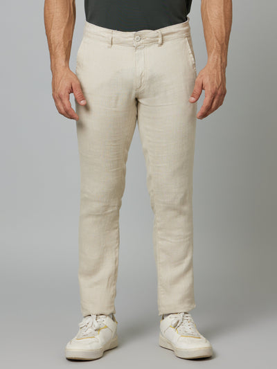 Celio* Men Beige Solid Slim Fit Linen Trousers