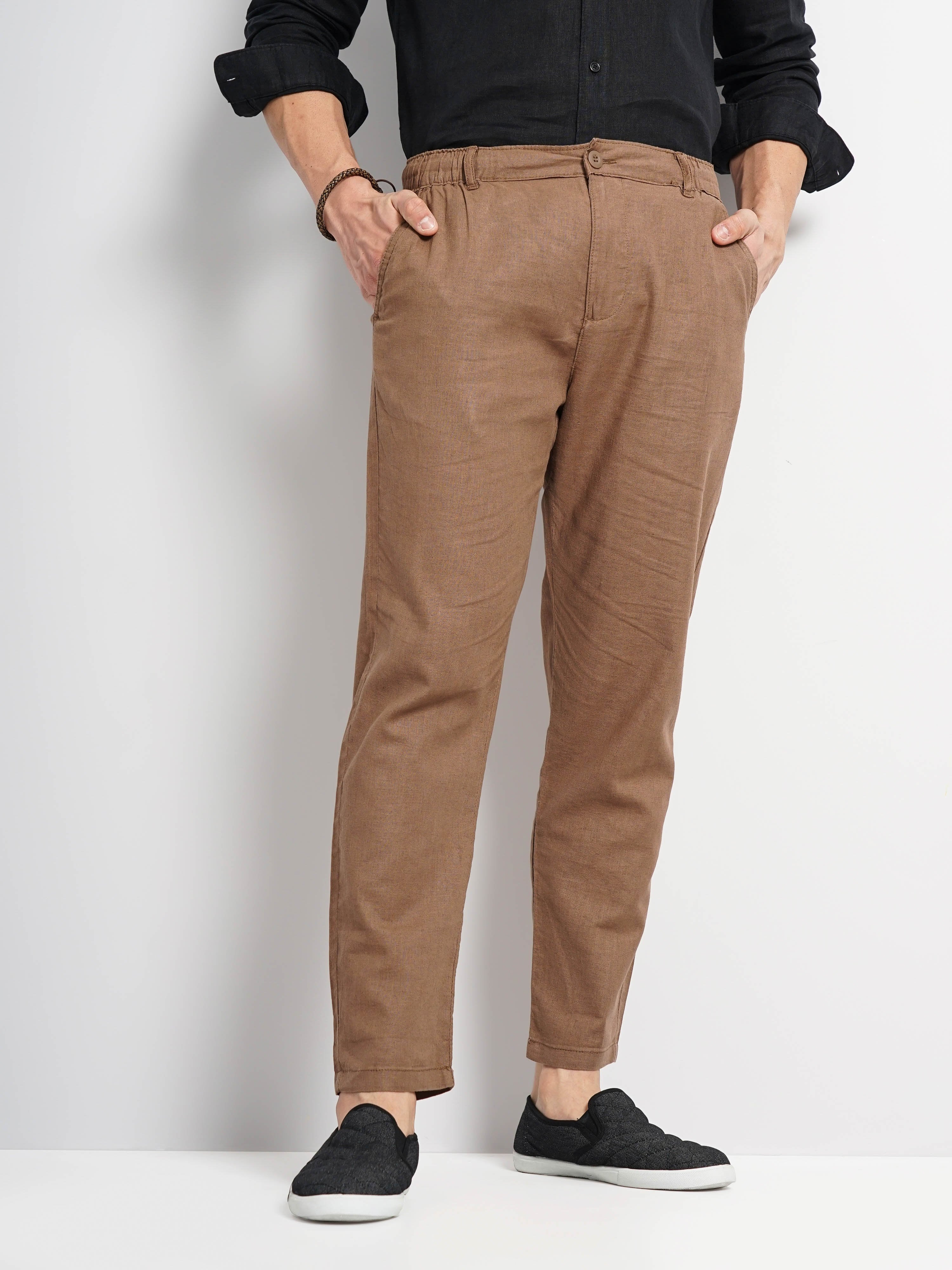 Celio Men Brown Solid Regular Fit Linen Trousers