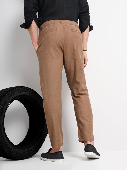 Celio* Men Brown Solid Regular Fit Linen Trousers