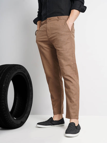 Celio* Men Brown Solid Regular Fit Linen Trousers