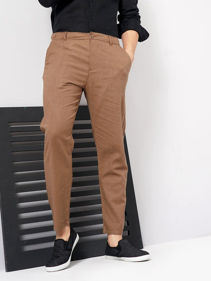 Celio* Men Brown Solid Regular Fit Linen Trousers