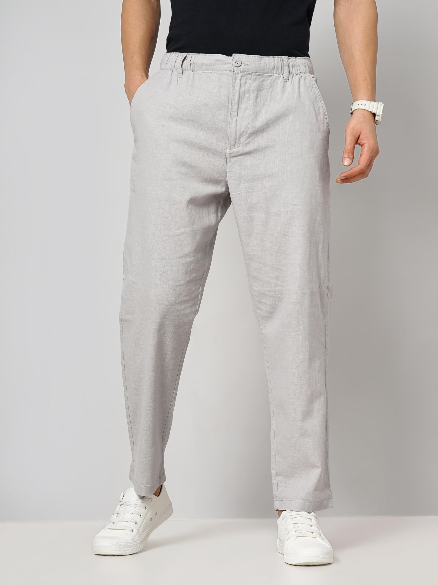 Grey Regular Fit Linen Pants