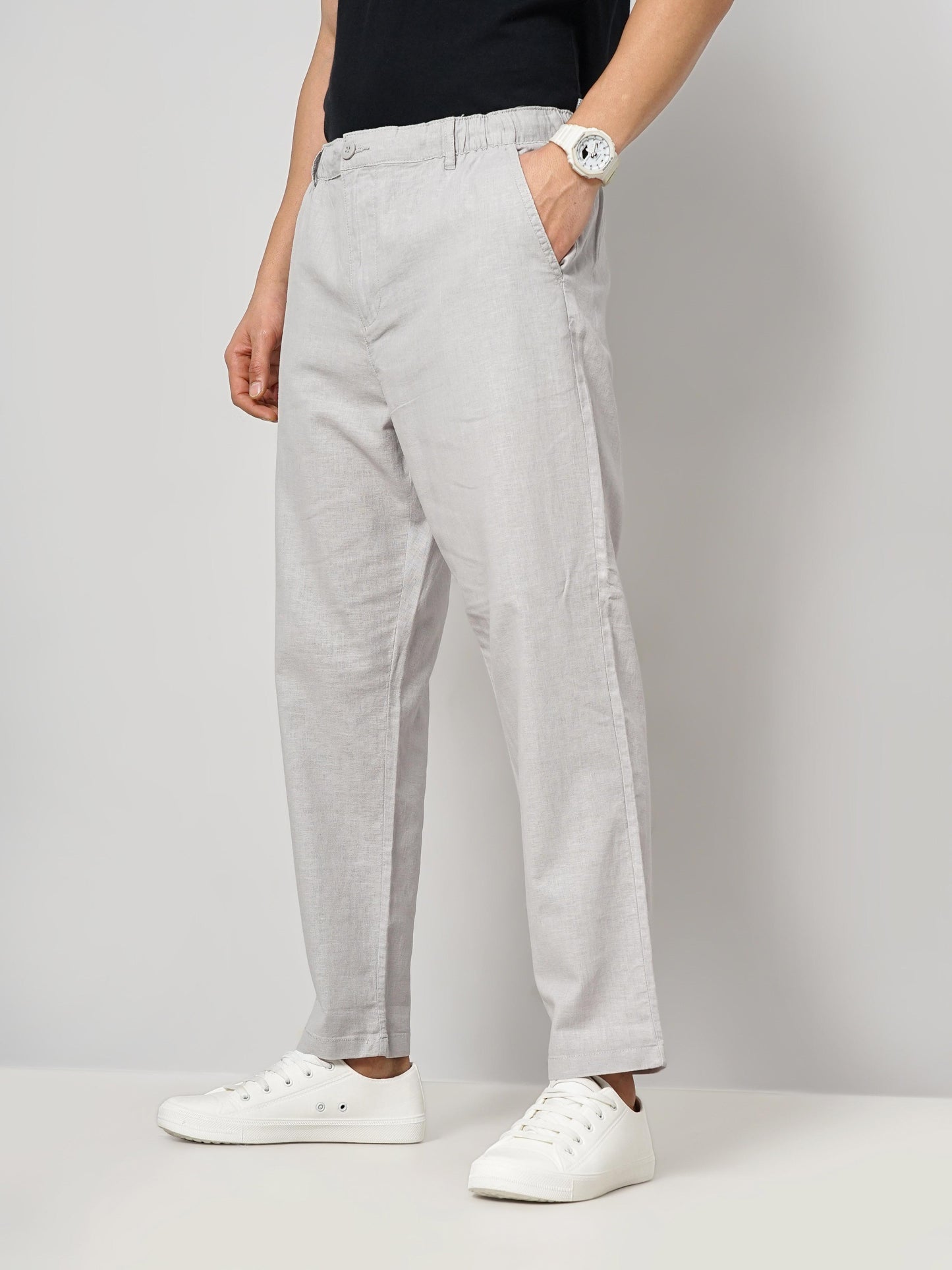 Grey Regular Fit Linen Pants