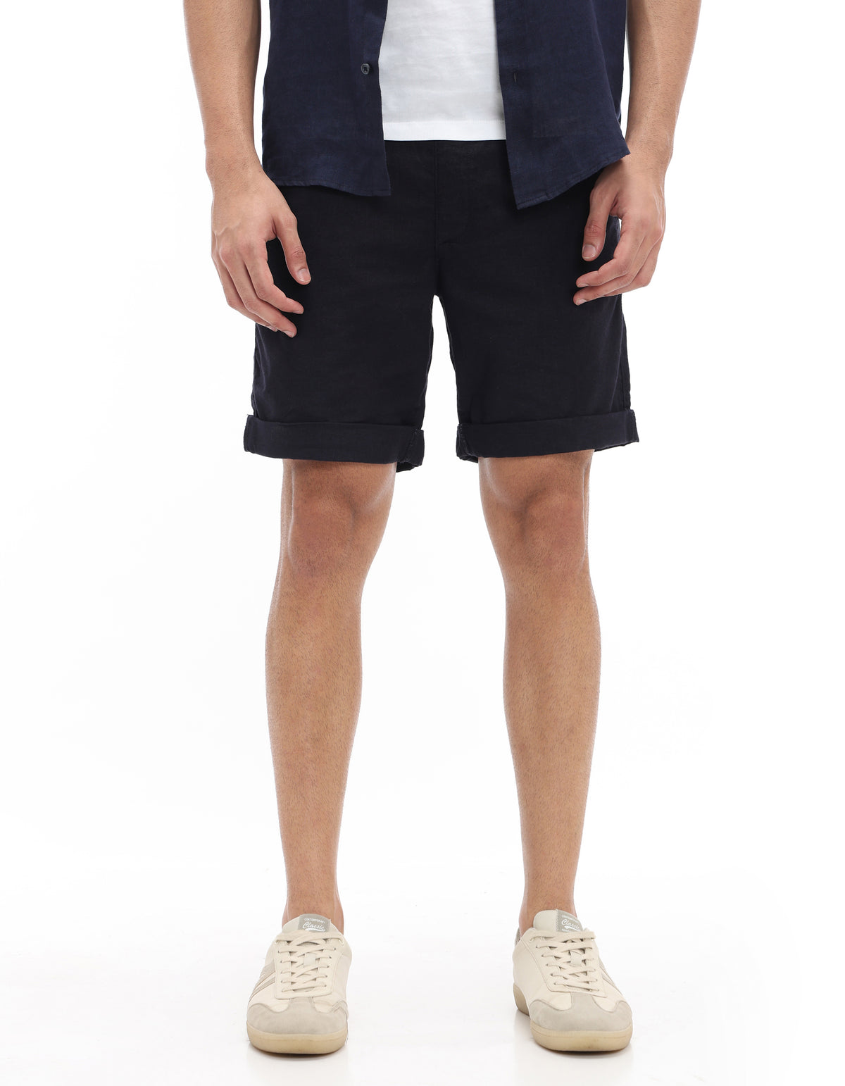 Bermuda Fit Linen Blend Solid Shorts - Navy Blue