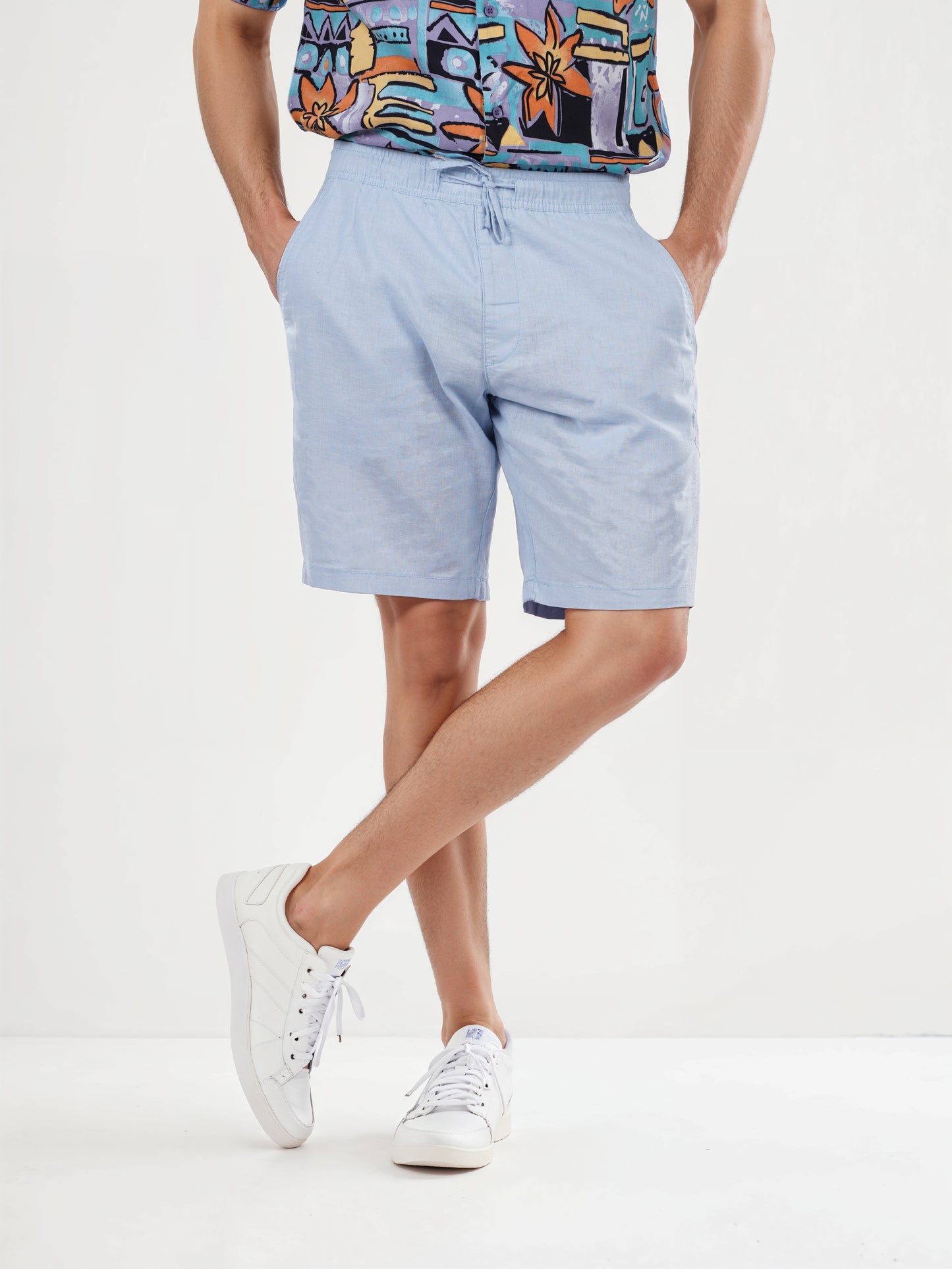 Blue Linen Regular Fit Shorts