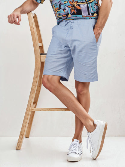 Blue Linen Regular Fit Shorts