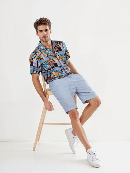 Blue Linen Regular Fit Shorts