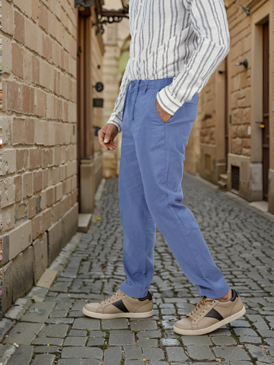 Celio* Men Blue Solid Straight Fit Linen Trouser