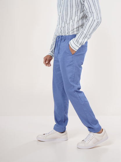 Celio* Men Blue Solid Straight Fit Linen Trouser