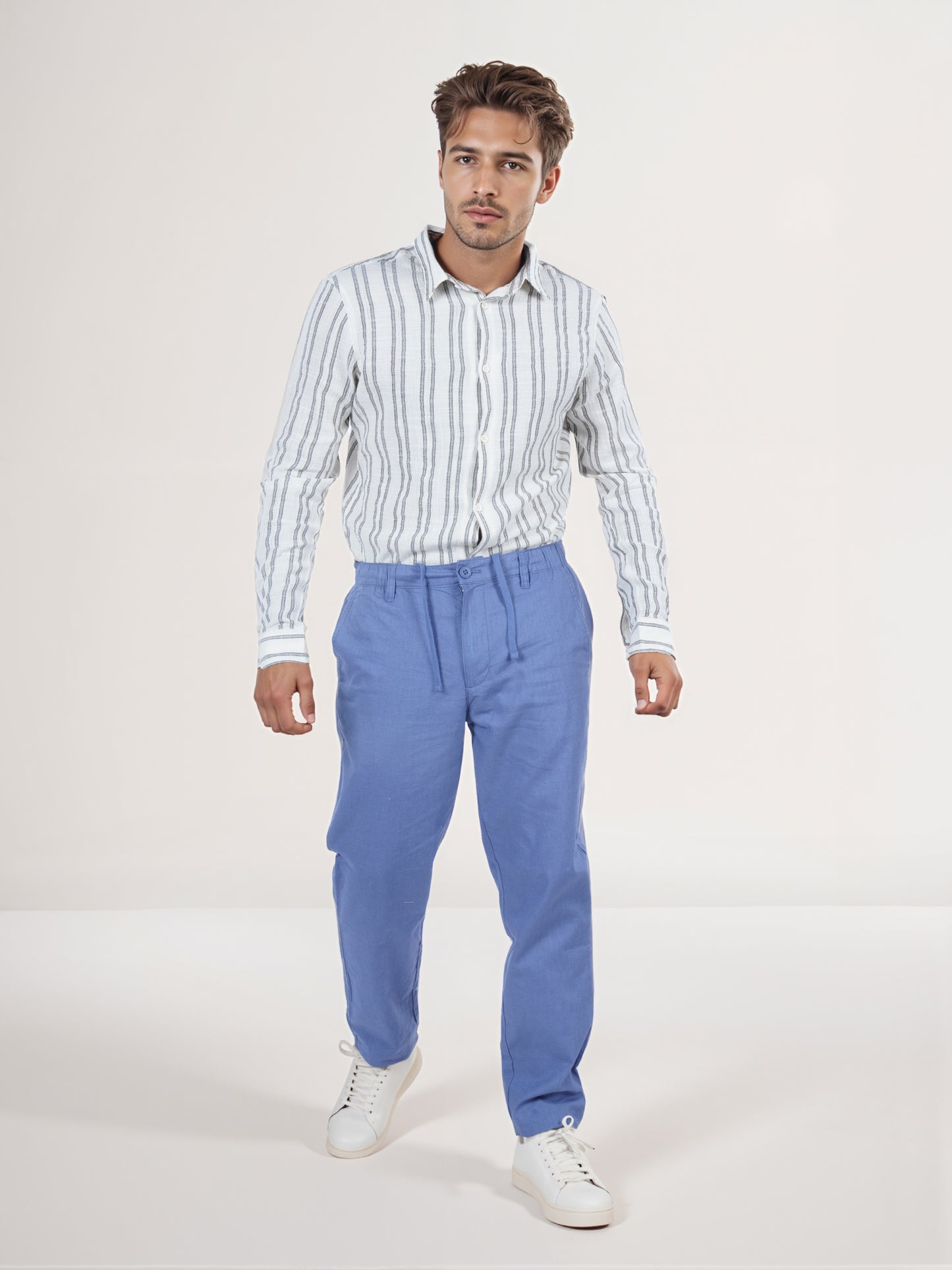 Celio* Men Blue Solid Straight Fit Linen Trouser