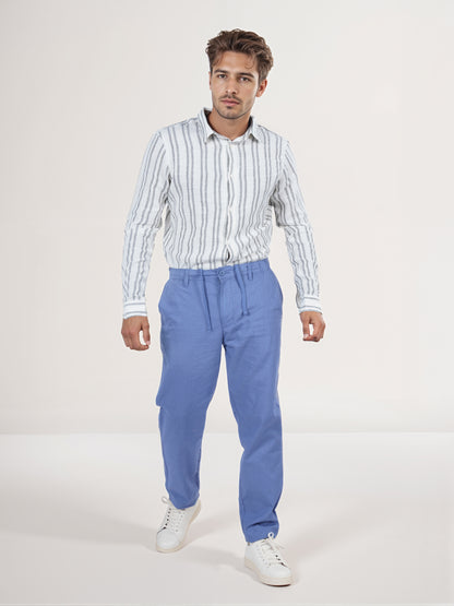 Celio* Men Blue Solid Straight Fit Linen Trouser