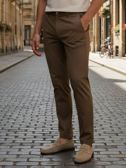Celio Men  Brown Solid straight-fit Cotton-Linen-Blend Trousers