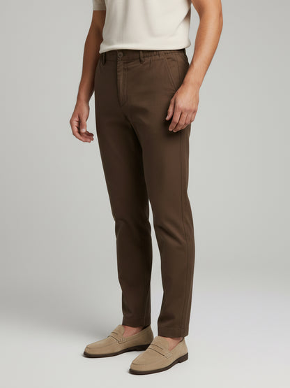 Celio Men  Brown Solid straight-fit Cotton-Linen-Blend Trousers