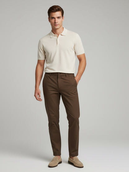 Celio Men  Brown Solid straight-fit Cotton-Linen-Blend Trousers