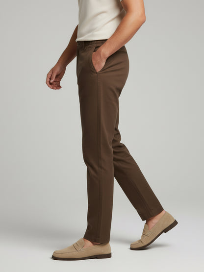 Celio Men  Brown Solid straight-fit Cotton-Linen-Blend Trousers