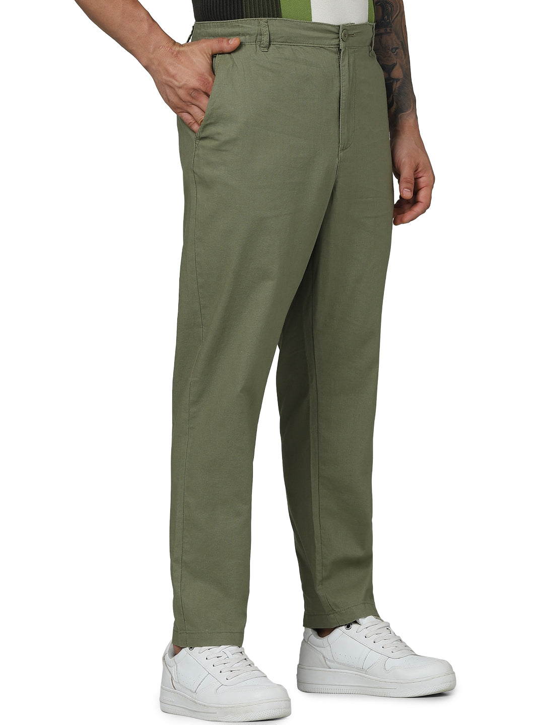 Green Regular Fit Linen Pants