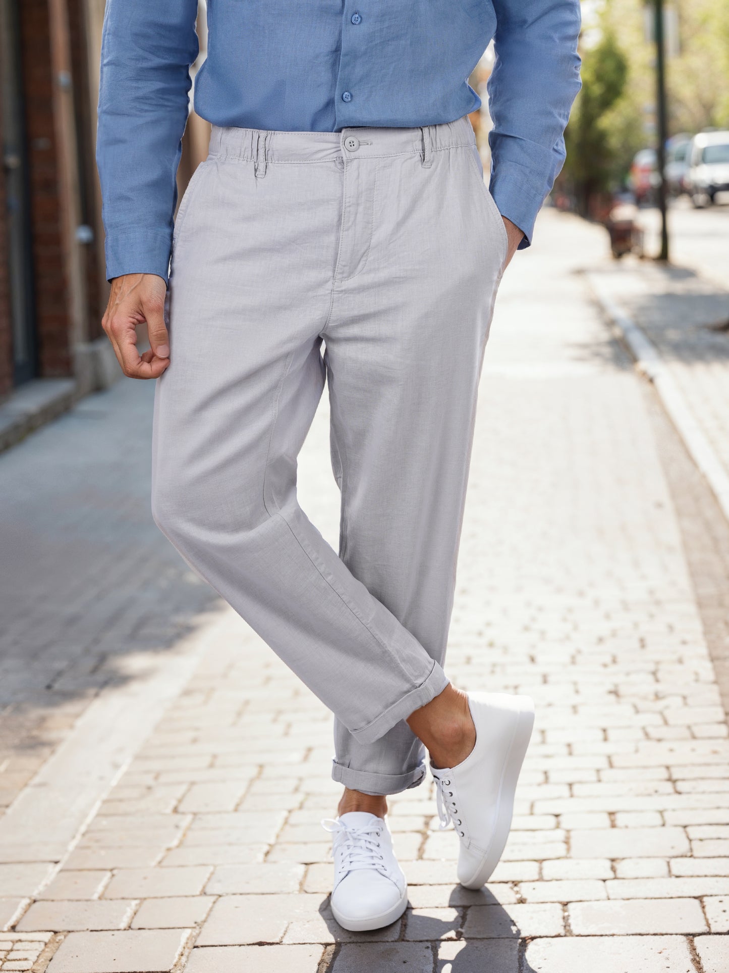 Grey Linen Regular Fit Trousers