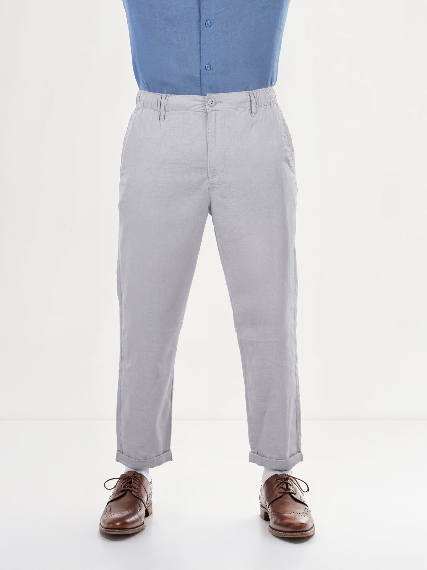 Grey Linen Regular Fit Trousers