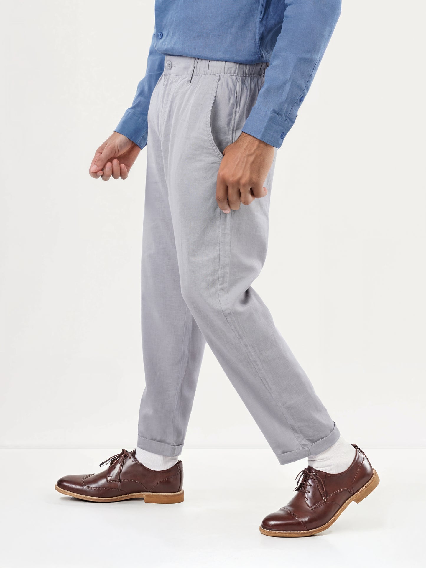 Grey Linen Regular Fit Trousers