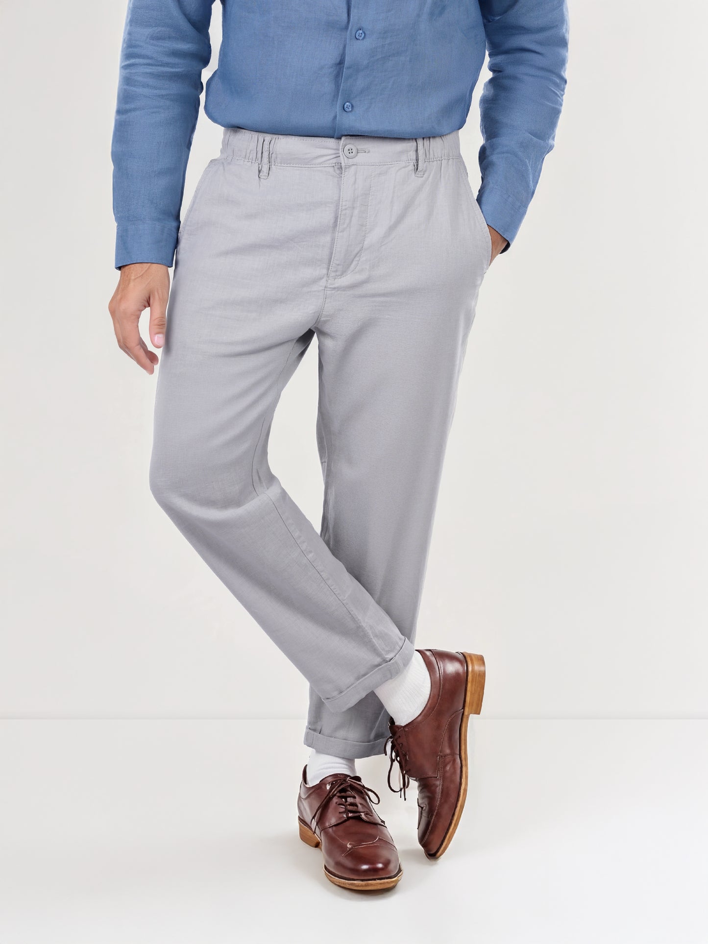 Grey Linen Regular Fit Trousers