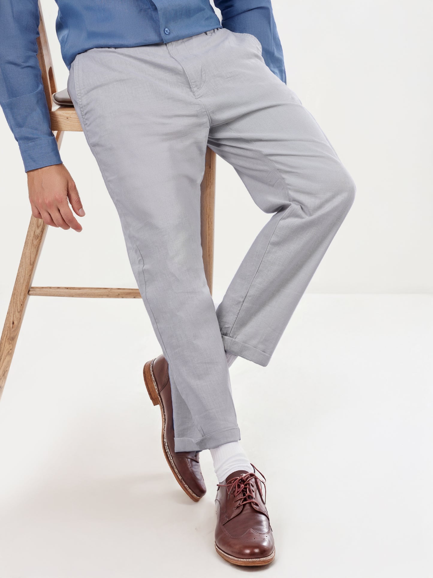 Grey Linen Regular Fit Trousers