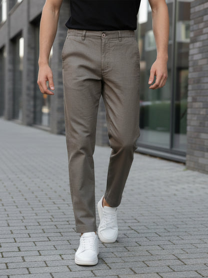 Celio Men Khaki Solid Straight Fit Cotton-Linen-Blend Trousers