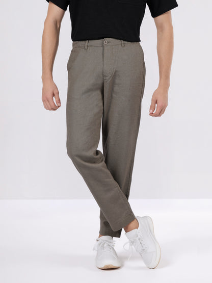 Celio Men Khaki Solid Straight Fit Cotton-Linen-Blend Trousers