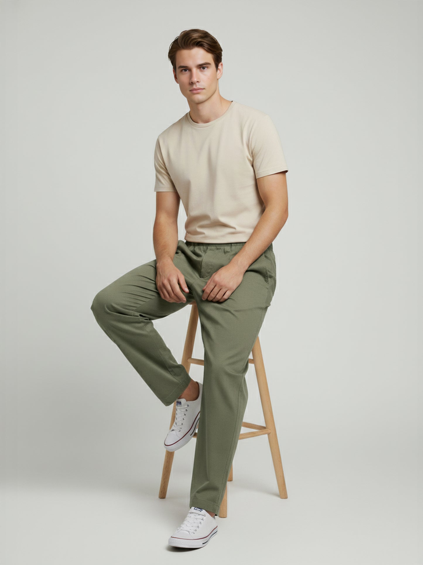 Celio* Men Olive Solid Regular Fit Linen Trousers