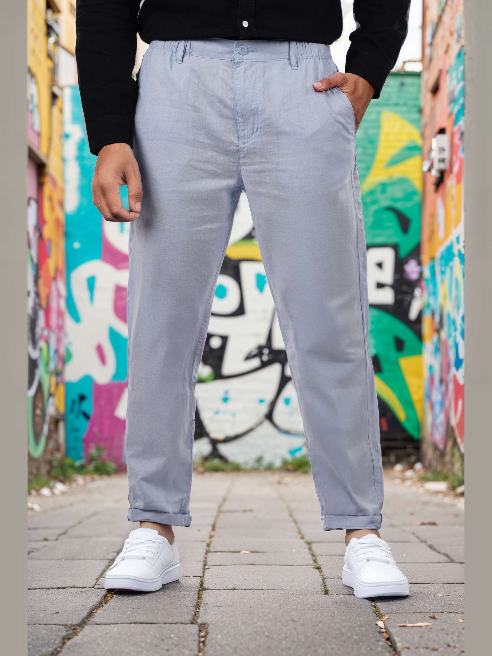 Celio* Men Solid Linen Blue Straight Fit Trousers