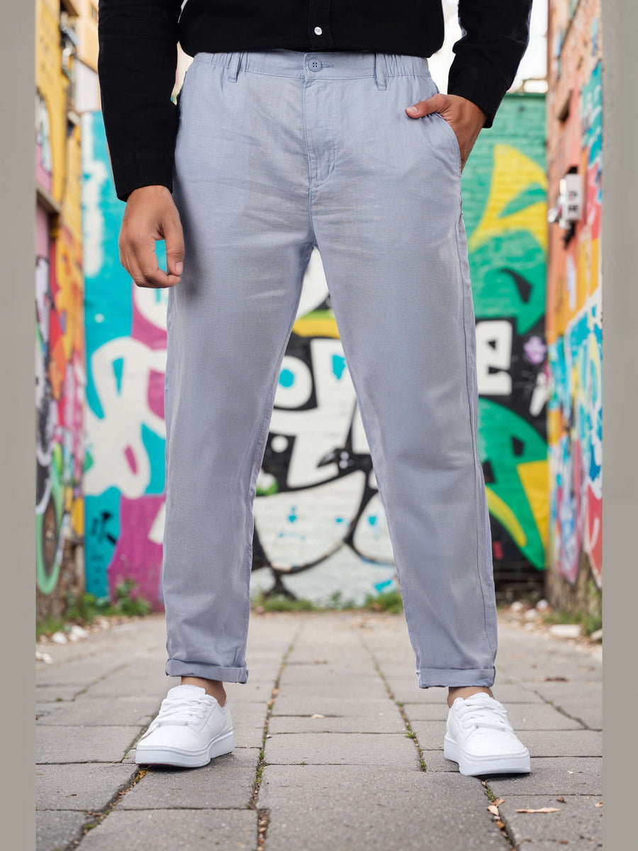 Celio* Men Solid Linen Blue Straight Fit Trousers