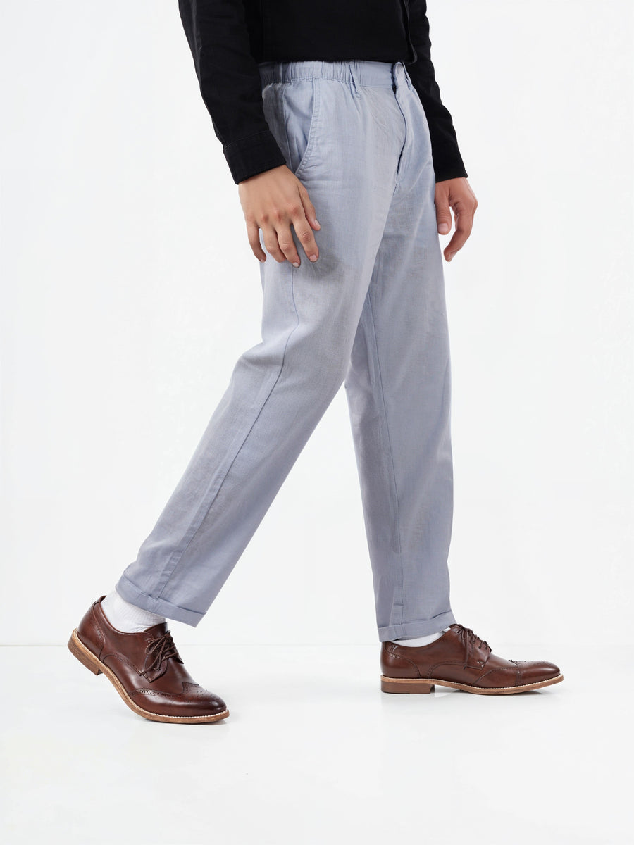 Celio* Men Solid Linen Blue Straight Fit Trousers