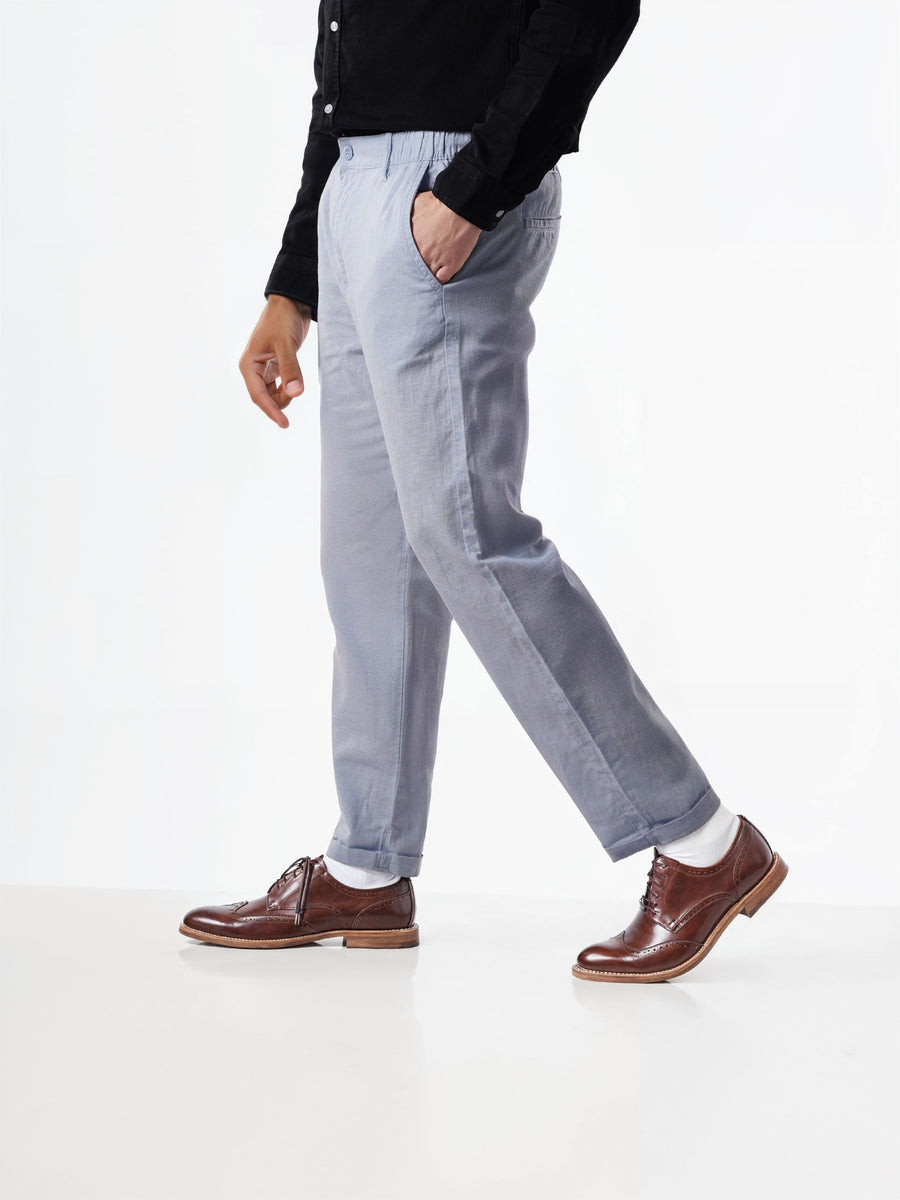 Celio* Men Solid Linen Blue Straight Fit Trousers