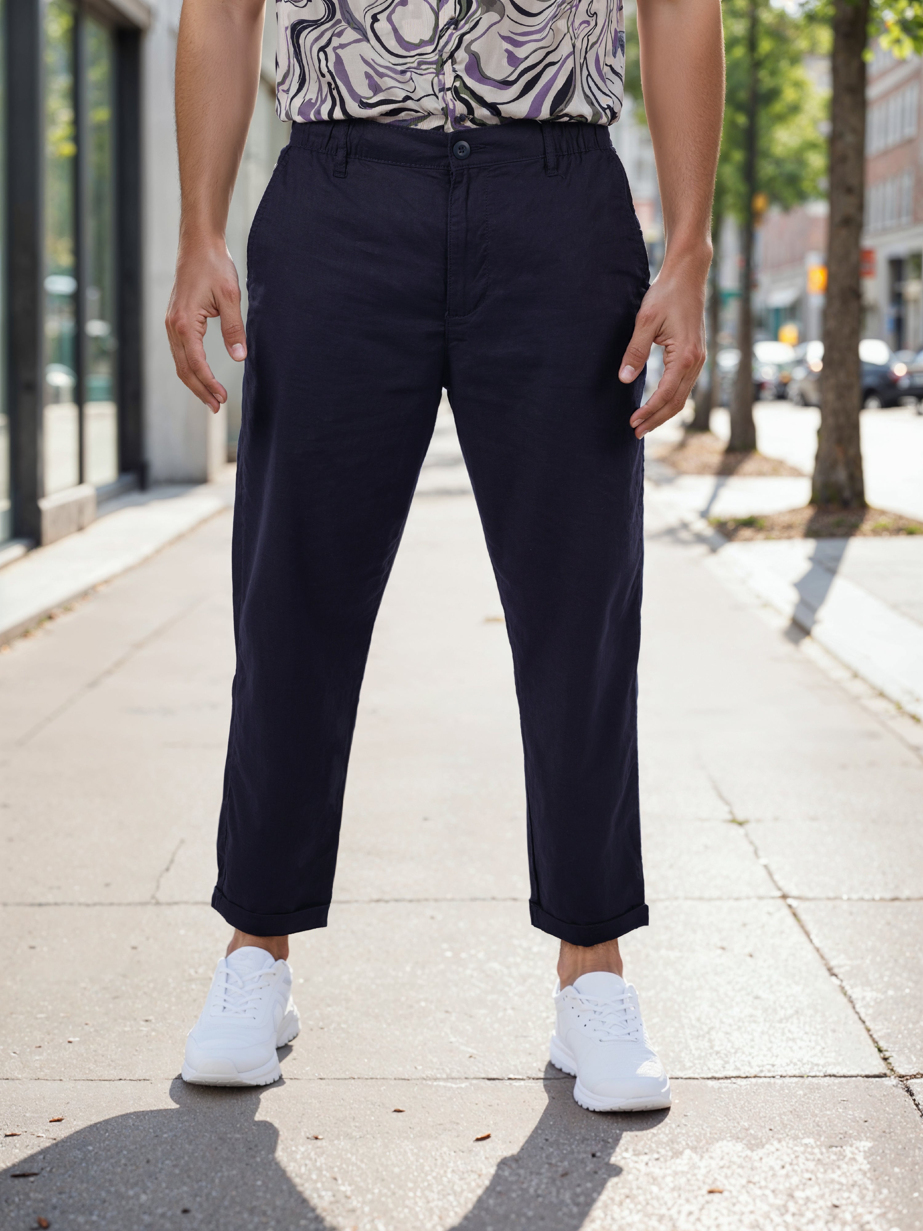 Navy Blue Linen Regular Fit Trousers