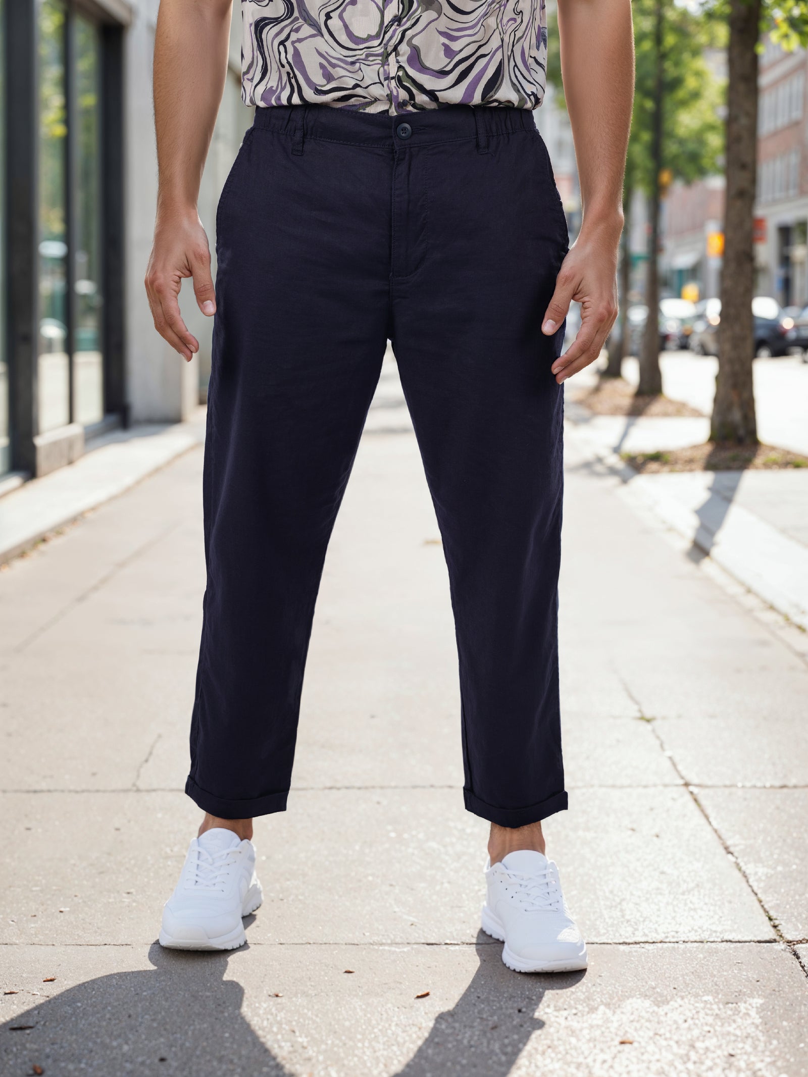 Celio* Linen-Blend Straight Fit Navy Blue Trouser
