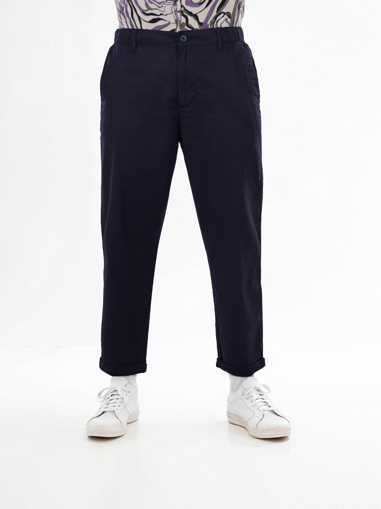 Celio* Linen-Blend Straight Fit Navy Blue Trouser