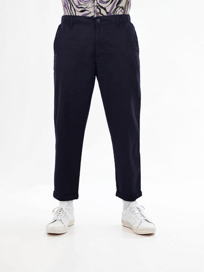 Navy Blue Linen Regular Fit Trousers