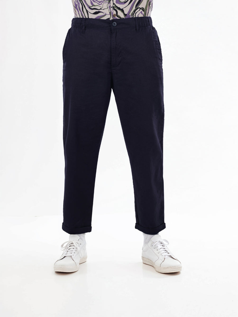 Celio* Linen-Blend Straight Fit Navy Blue Trouser