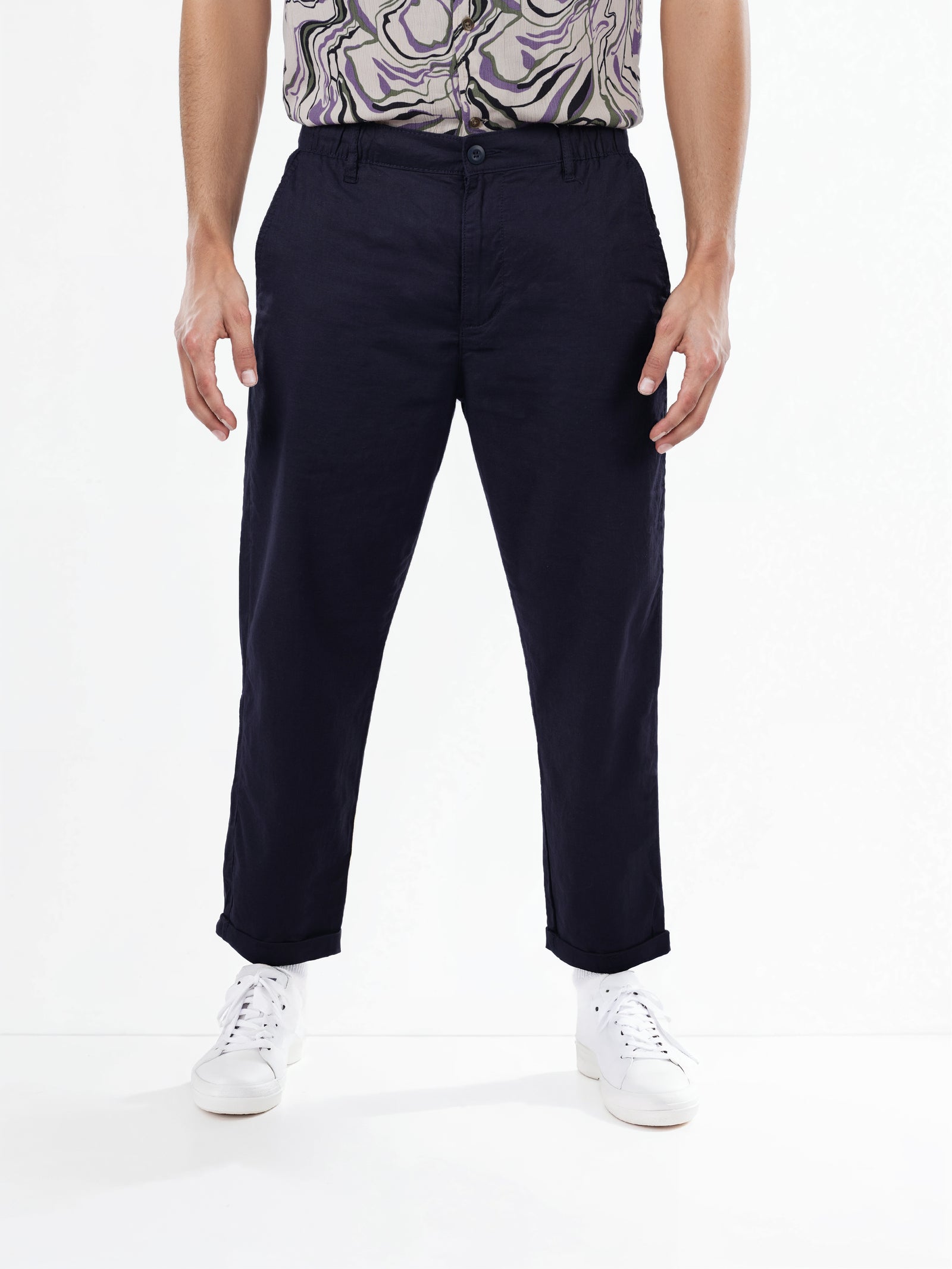 Celio* Linen-Blend Straight Fit Navy Blue Trouser