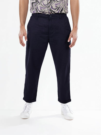 Navy Blue Linen Regular Fit Trousers