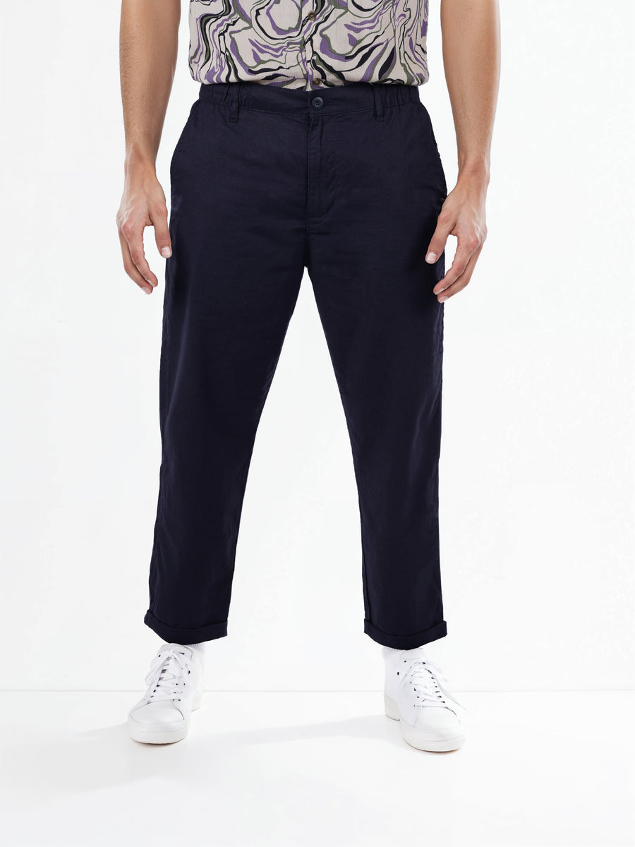 Celio* Linen-Blend Straight Fit Navy Blue Trouser