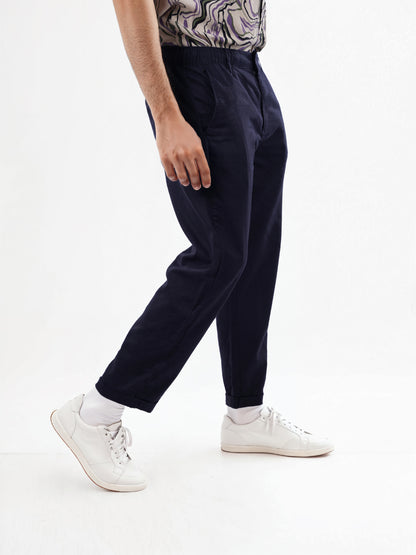 Navy Blue Linen Regular Fit Trousers