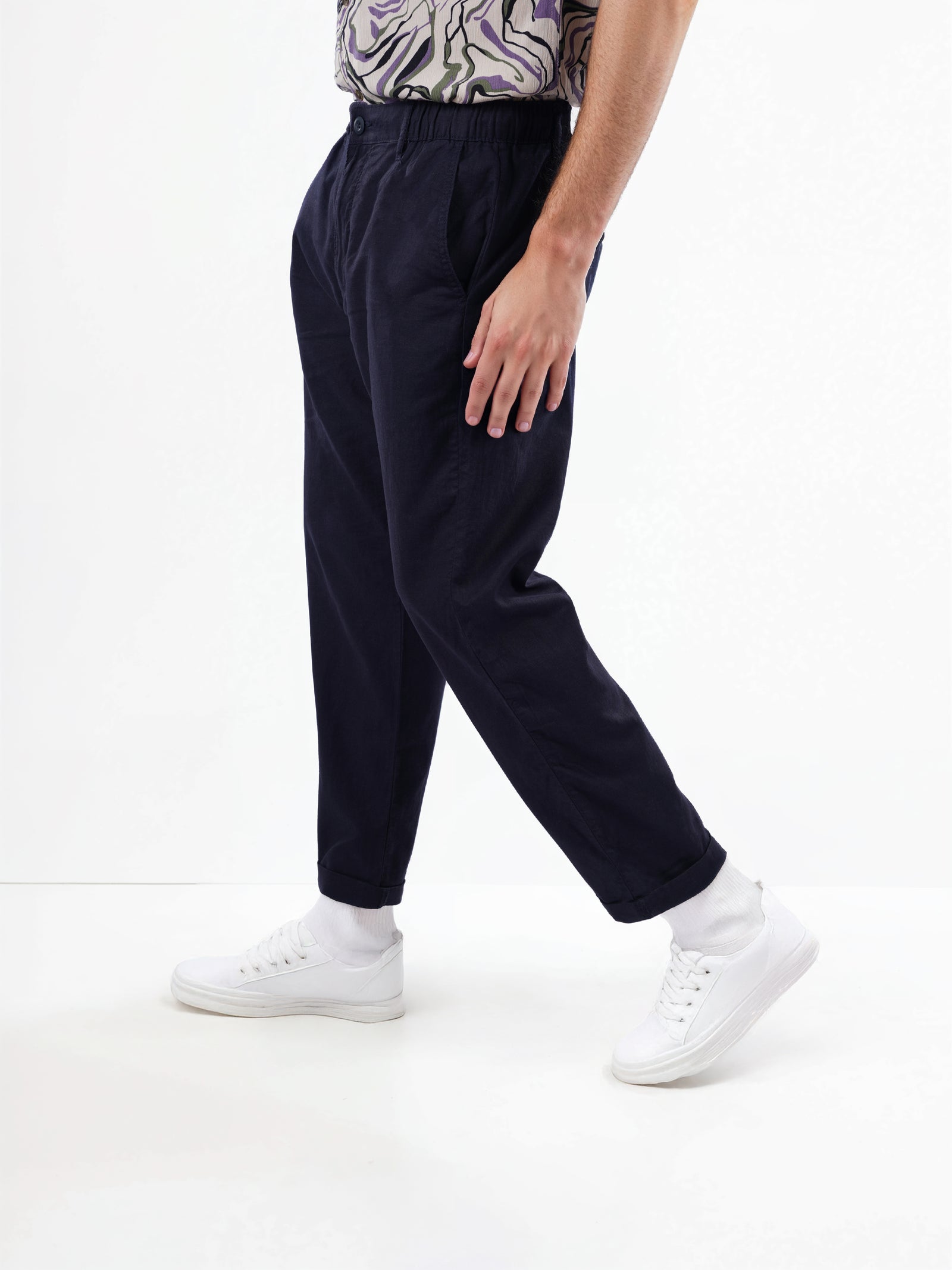Celio* Linen-Blend Straight Fit Navy Blue Trouser