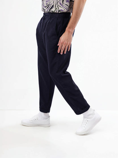 Navy Blue Linen Regular Fit Trousers