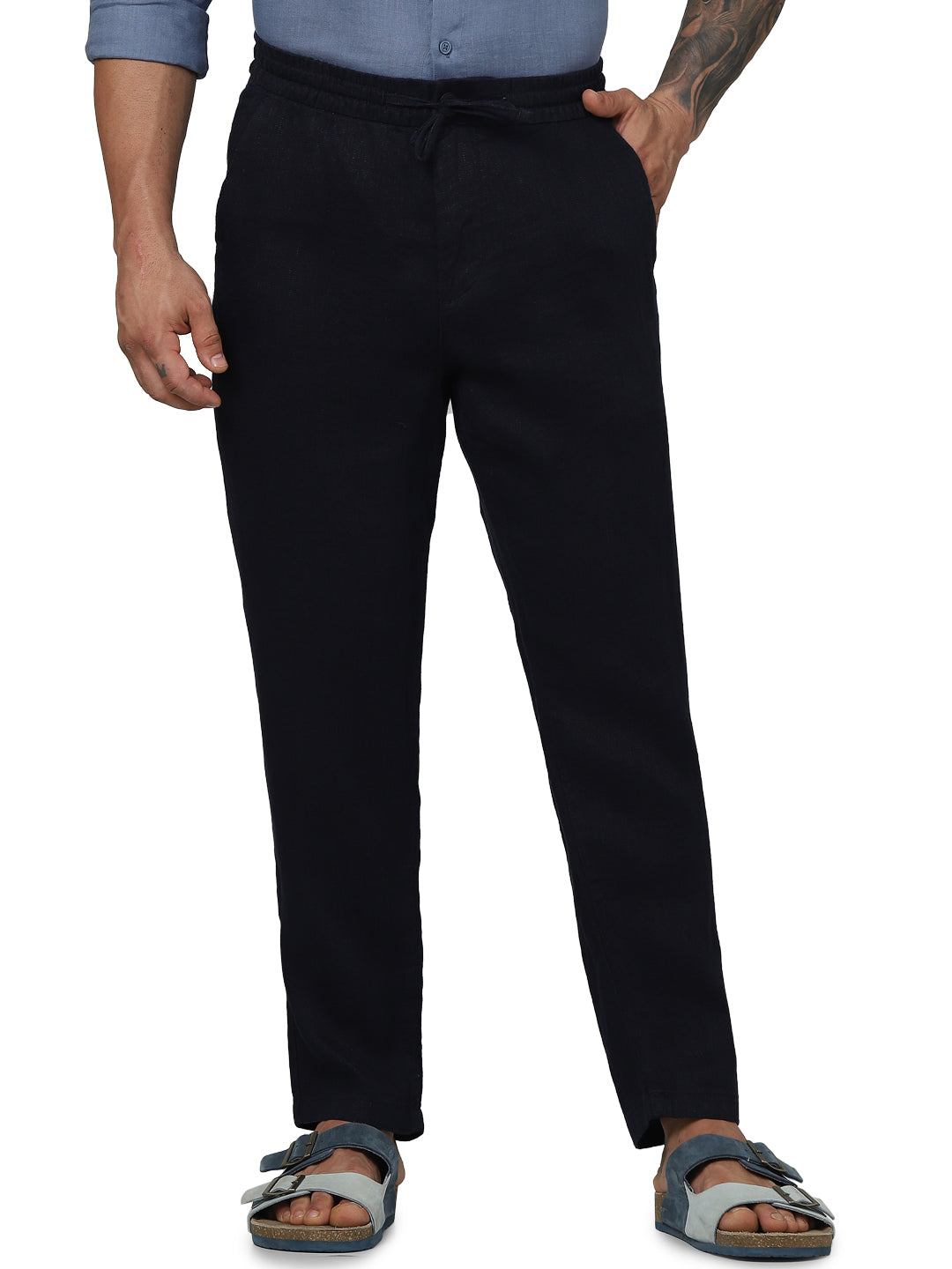 Navy Blue Regular Fit Linen Pants