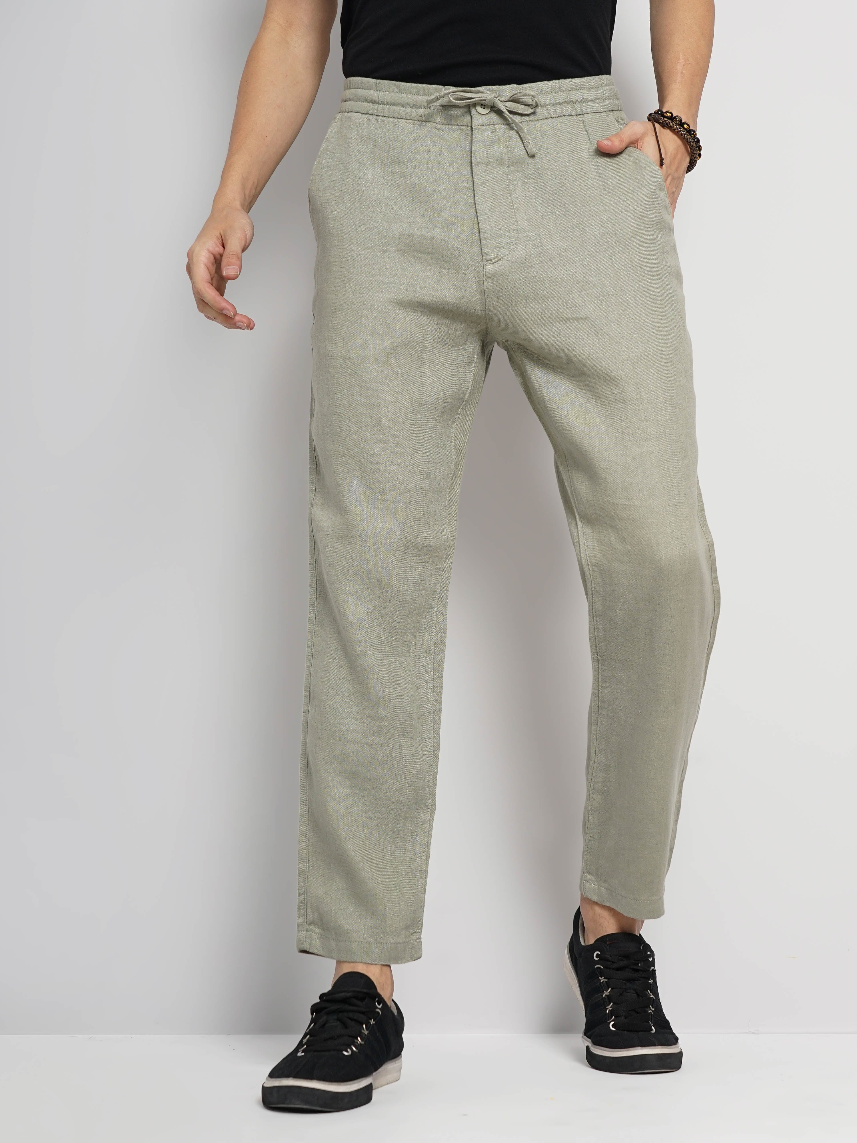 Green Regular Fit Linen Pants